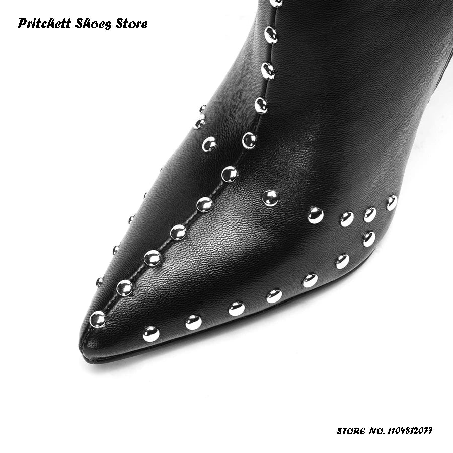 Studded Leather Pointed Toe Ankle Booties For Women
