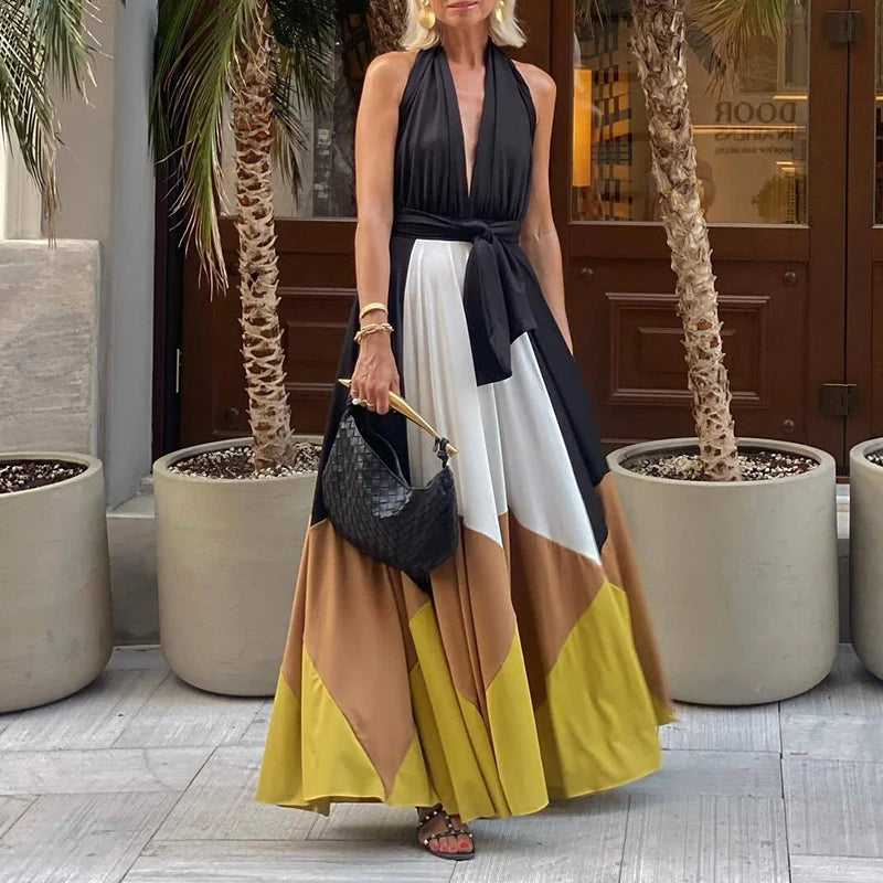 Bohemian Patchwork Backless Halter Dress for Women