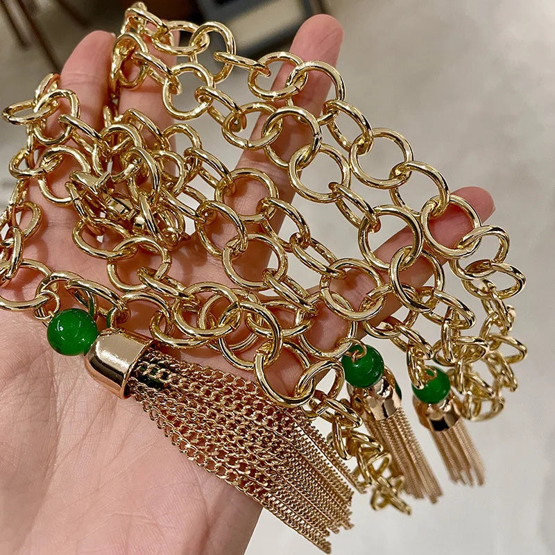 Retro Hollow Out Chain Belt With Metal Tassels for Women