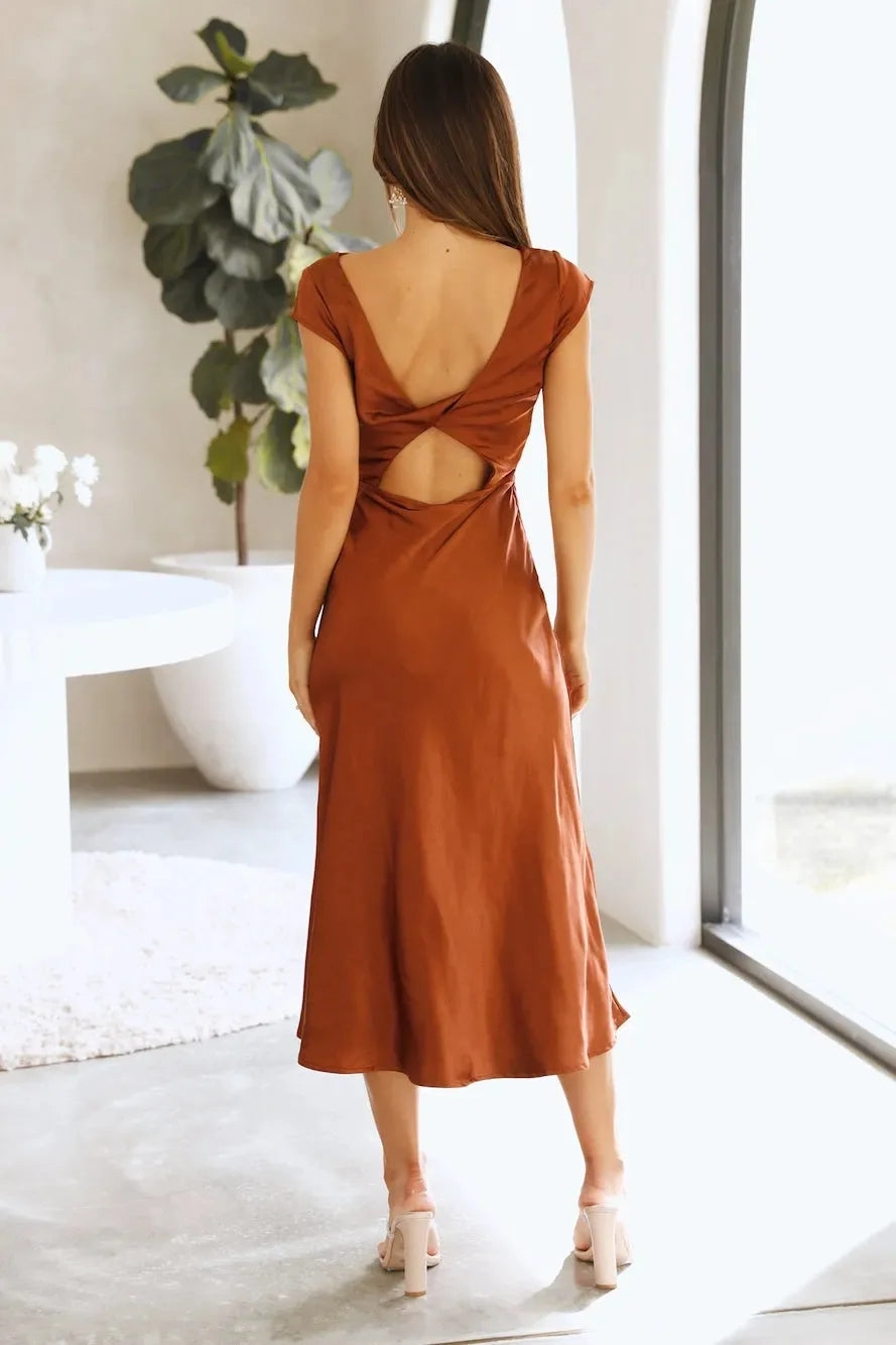 Elegant Solid Color Satin Slim Backless Slit Dress for Women