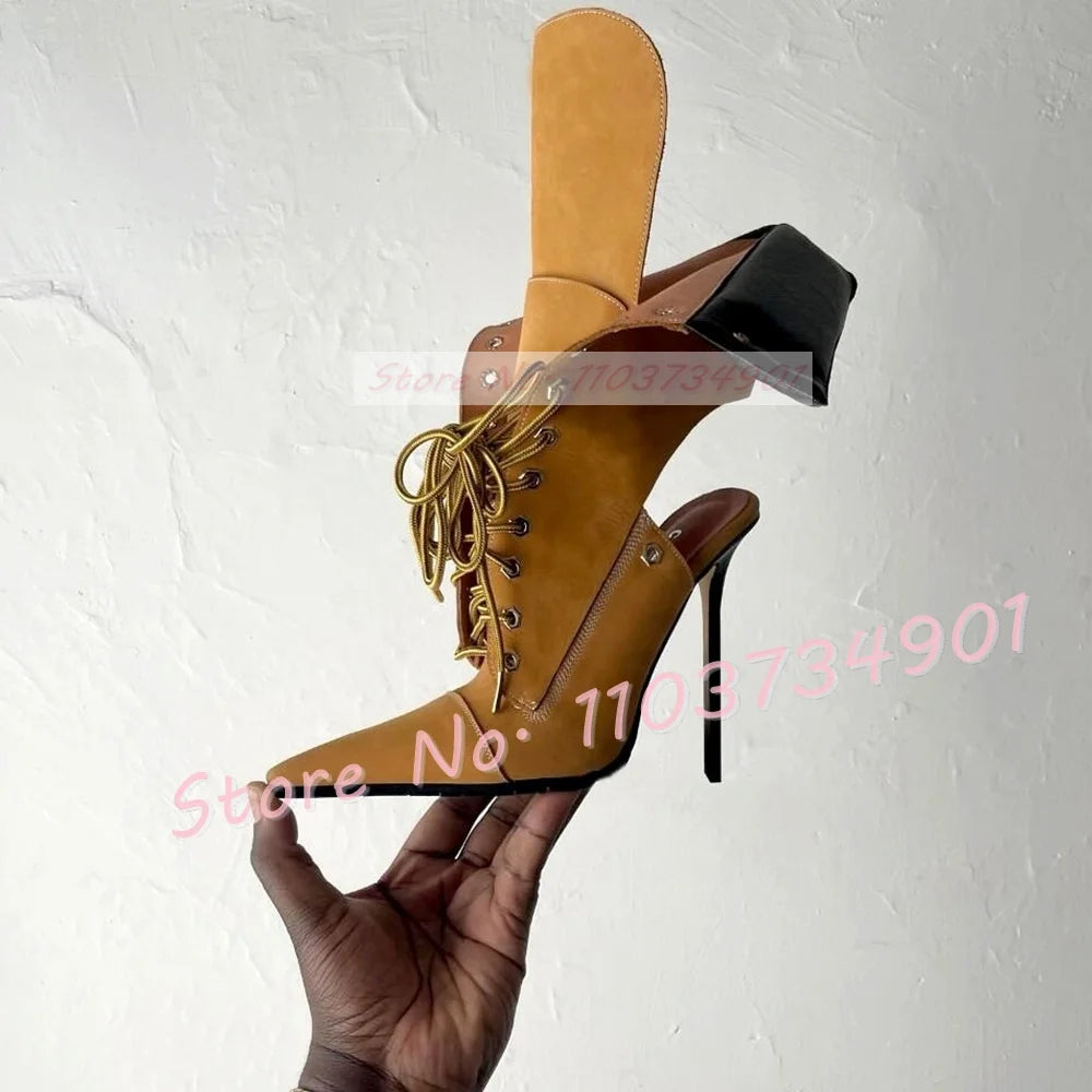 Yellow Pointed Toe Lace Up Stiletto Booties For Women