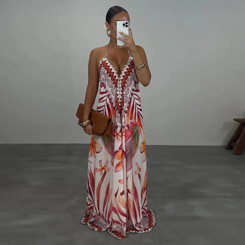 Beach Print Halter Neck Backless Long Dress for Women