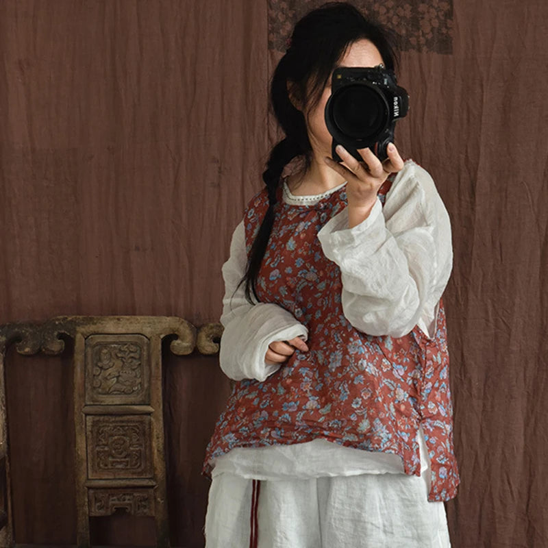 Casual Linen Tank Top With Vintage Floral Print for Women