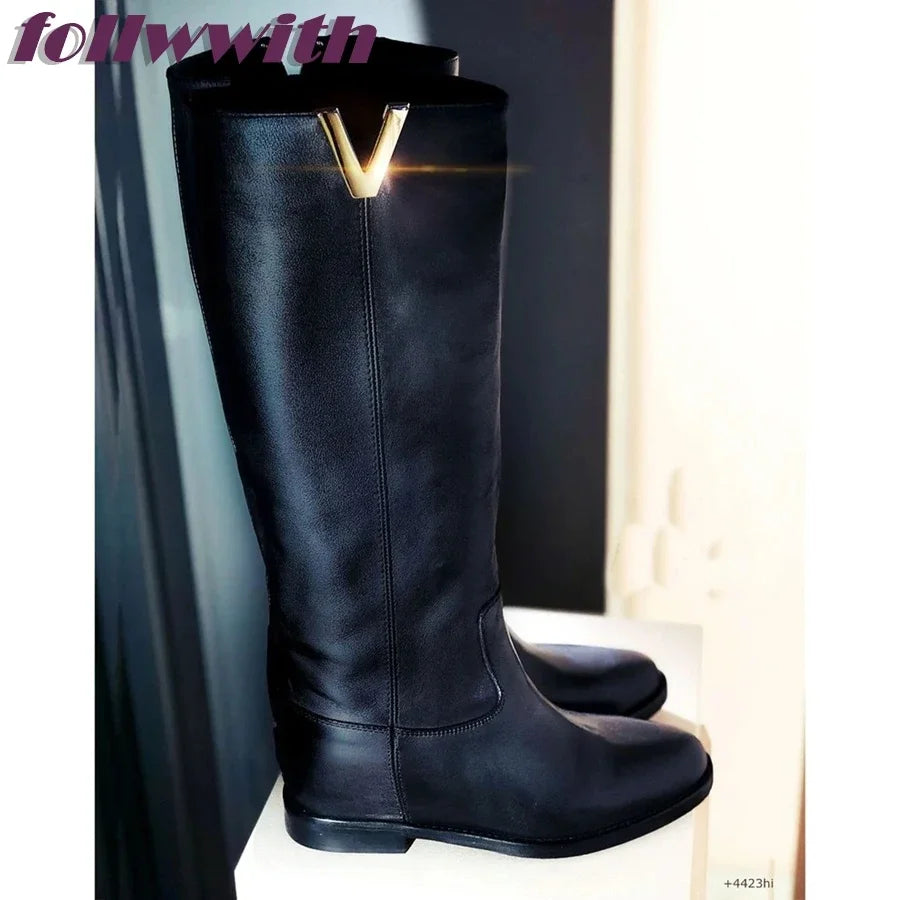 Leather Over The Knee Flat Boots With Buckle And Round Toe For Women