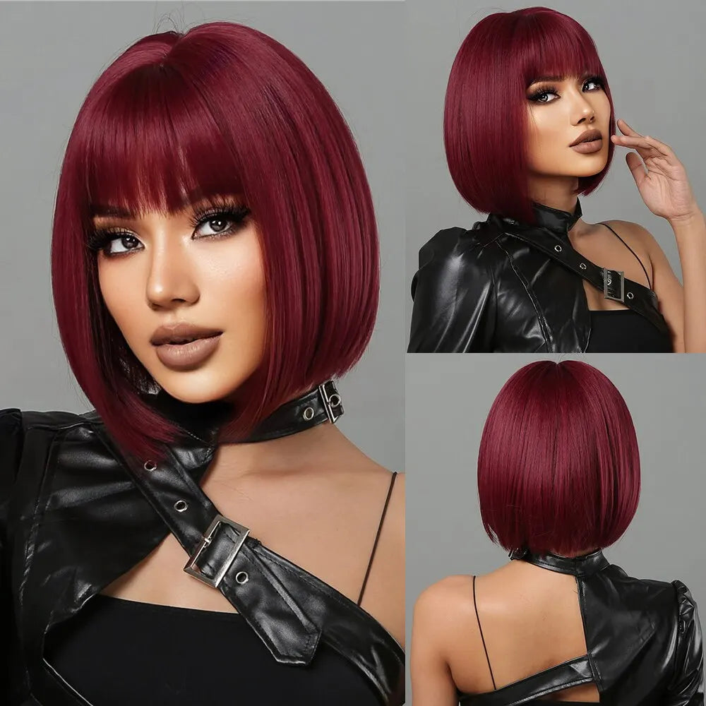 Heat Resistant Wine Red Bob Wig With Thick Bangs for Women