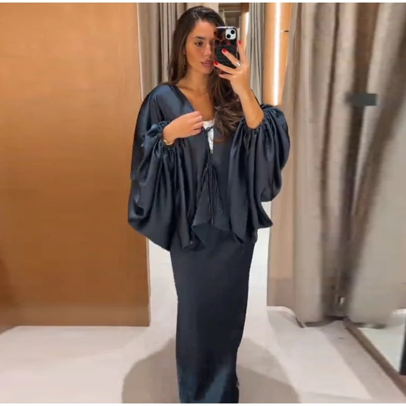 Casual Solid Batwing Sleeve Shirt Skirt Set for Women