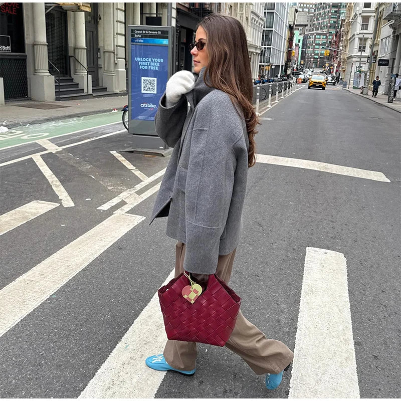 Solid Double Breasted Stand Collar Long Sleeve Overcoat for Women