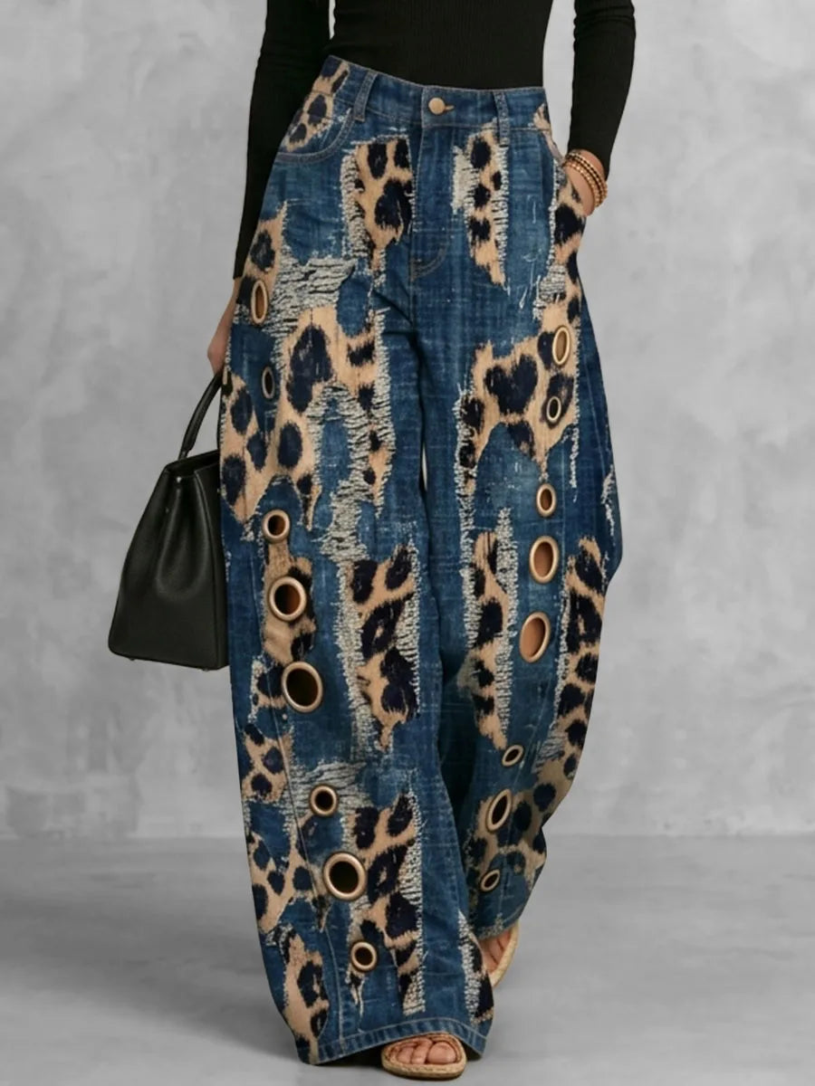 High Waist Distressed Leopard Print Wide Leg Jeans for Women