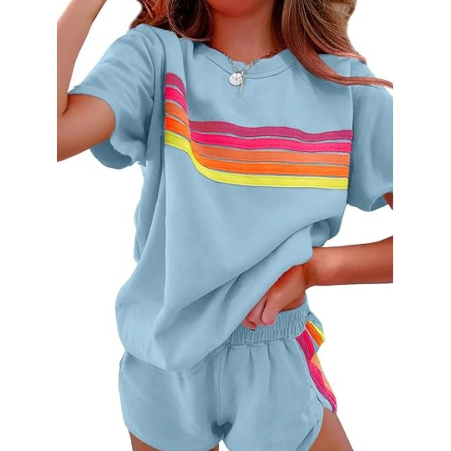 Casual Comfy Lightweight Stripe Top and Shorts Set for Women