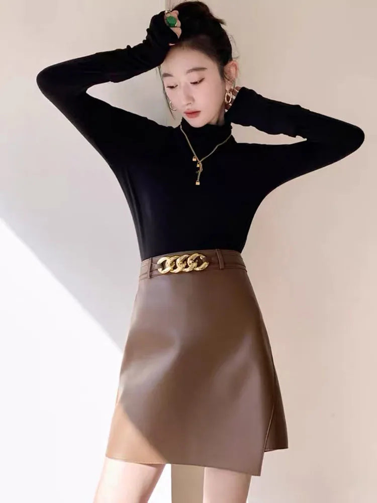 Woman skirts A Line 2025 korean style High Waist genuine Leather Women's Mini Skirt Bodycon A-Line Black Sexy Female Short Skirt