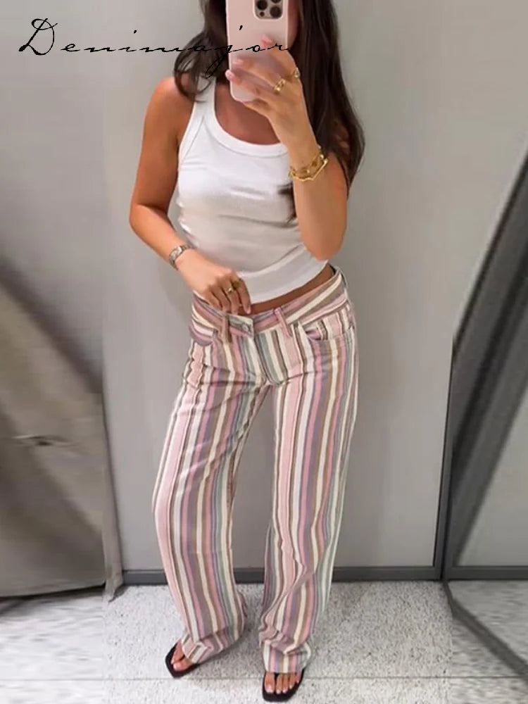 Color Block Rainbow Stripe Wide Leg Jeans for Women