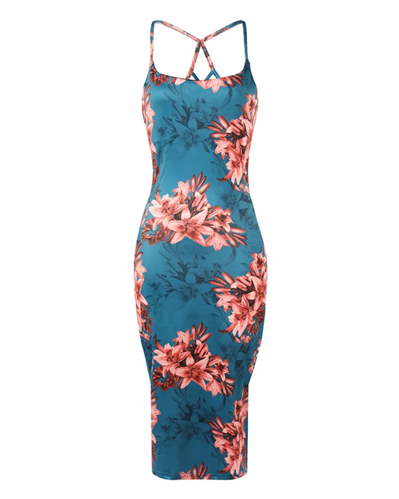Sexy Women Summer Floral Print Fishnet Backless Bodycon Dress 	U-Neck Slim Fit Spaghetti Strap Midi Blue Dress Vacation Vestido