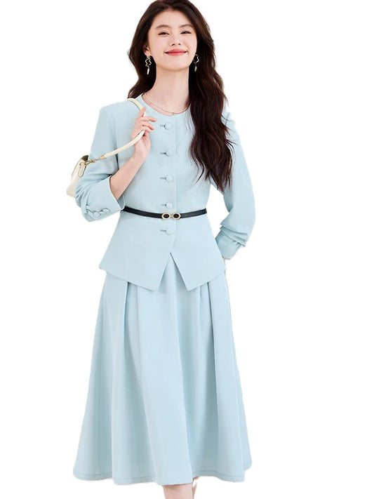 Fashion Women Formal Blazer Skirt Suit Ladies Blue Apricot Black Female Business Work Wear Two Piece Set For Autumn Winter
