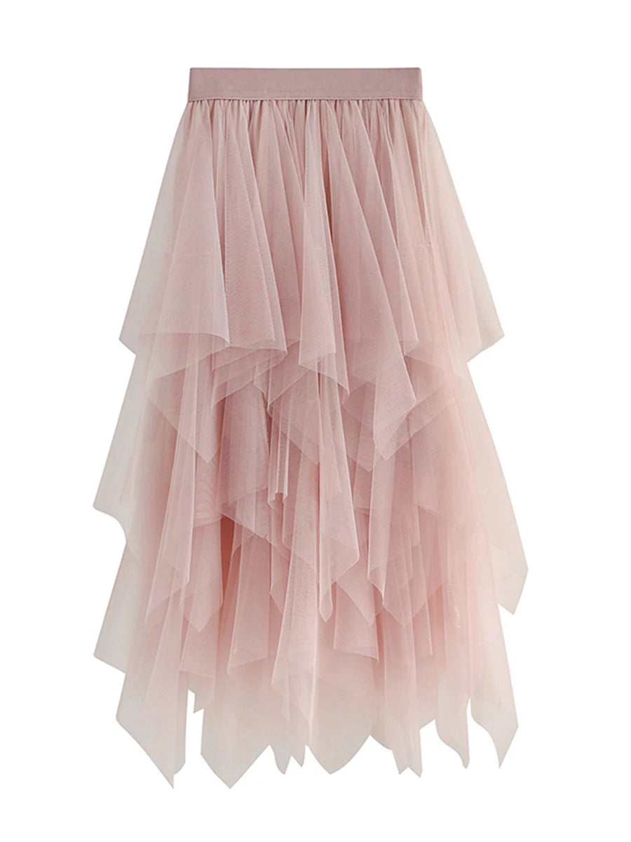 Women Tutu Tulle Skirt Elegant High Waist Mesh Tiered Layered Half Skirt Female Prom Party Midi Skirt for Summer Fairycore Y2K