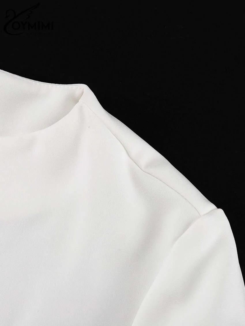 Oymimi Casual White O-Neck Dresses For Women Elegant Long Sleeve Slim Pockets Dresses Autumn Straight Mini Dress Female Clothing