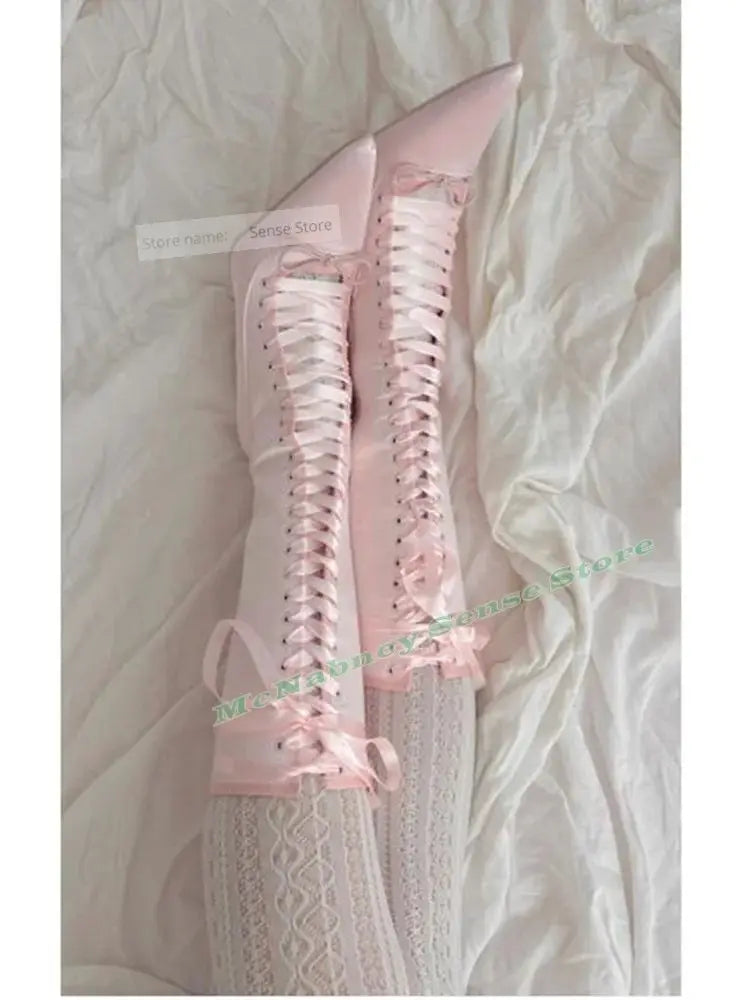 Lace Up Bow Detail Pointy Toe Stiletto Boots For Women