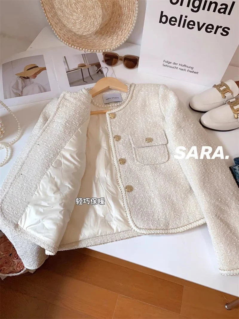 High-End Warm Down Cotton Jacket With Fragrance Tweed Woven Quilted Woolen Suit For Women Autumn Winter 2024 O-Neck Short Top