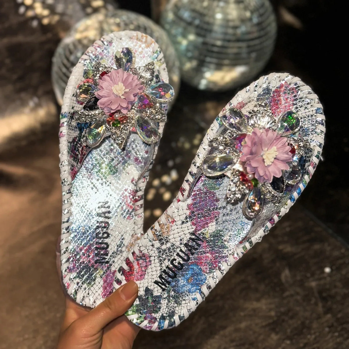 Crystal Flower Platform Outdoor Slippers for Women