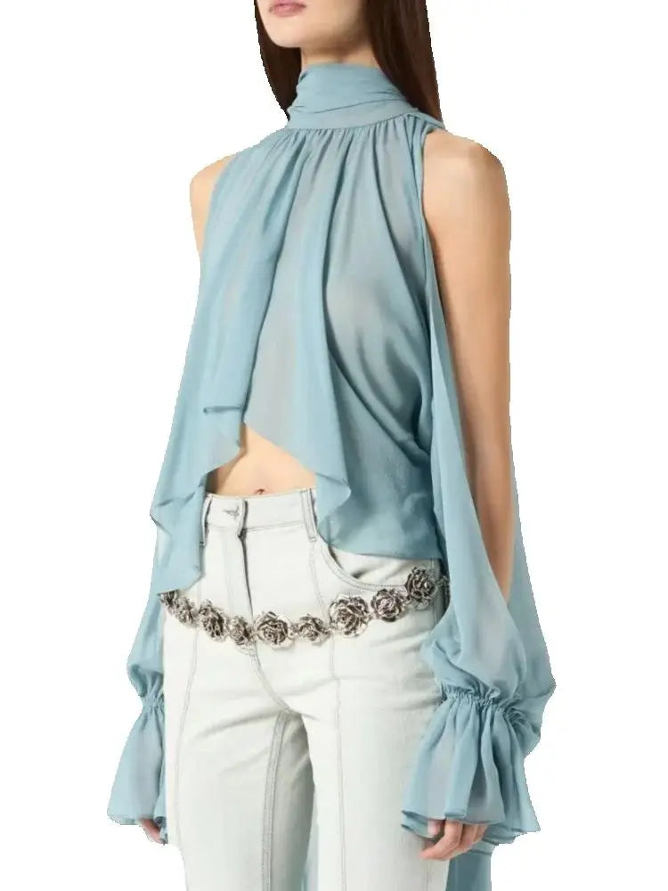 Vintage Chiffon Tiered Ruffle Sleeve Blouse with High Neck for Women