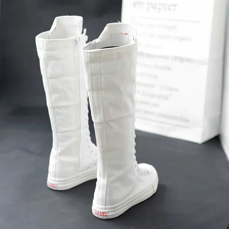 Casual Lace-Up Canvas Mid-Calf Flat Boots for Women