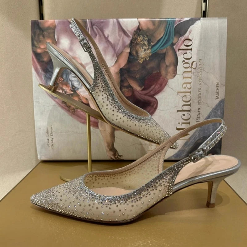Rhinestone Mesh Pointed Toe Thin High Heels for Women
