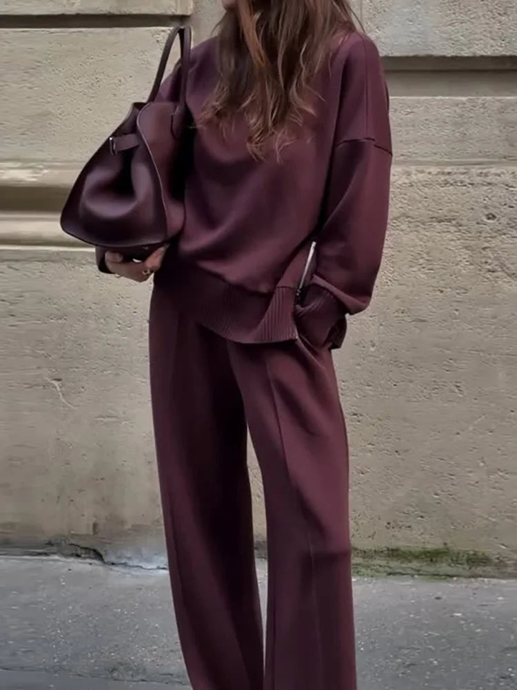 Half High Collar Pullover and Wide Leg Pants Set for Women