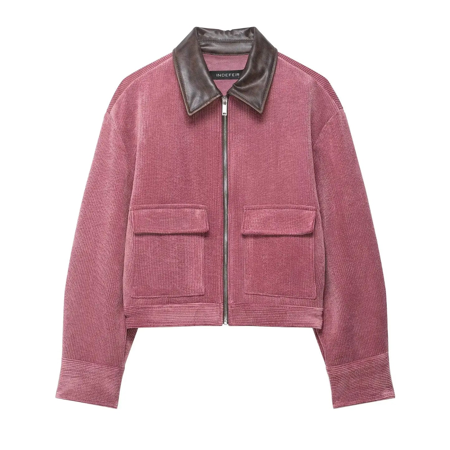 Pink Corduroy With Zipper And Pockets Long Sleeve Jacket for Women