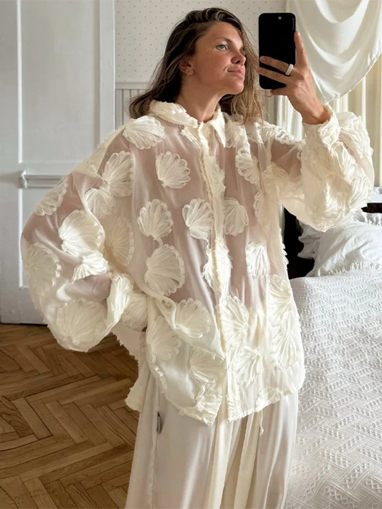 Elegant 3D Flower Lapel Long Sleeve Shirt for Women