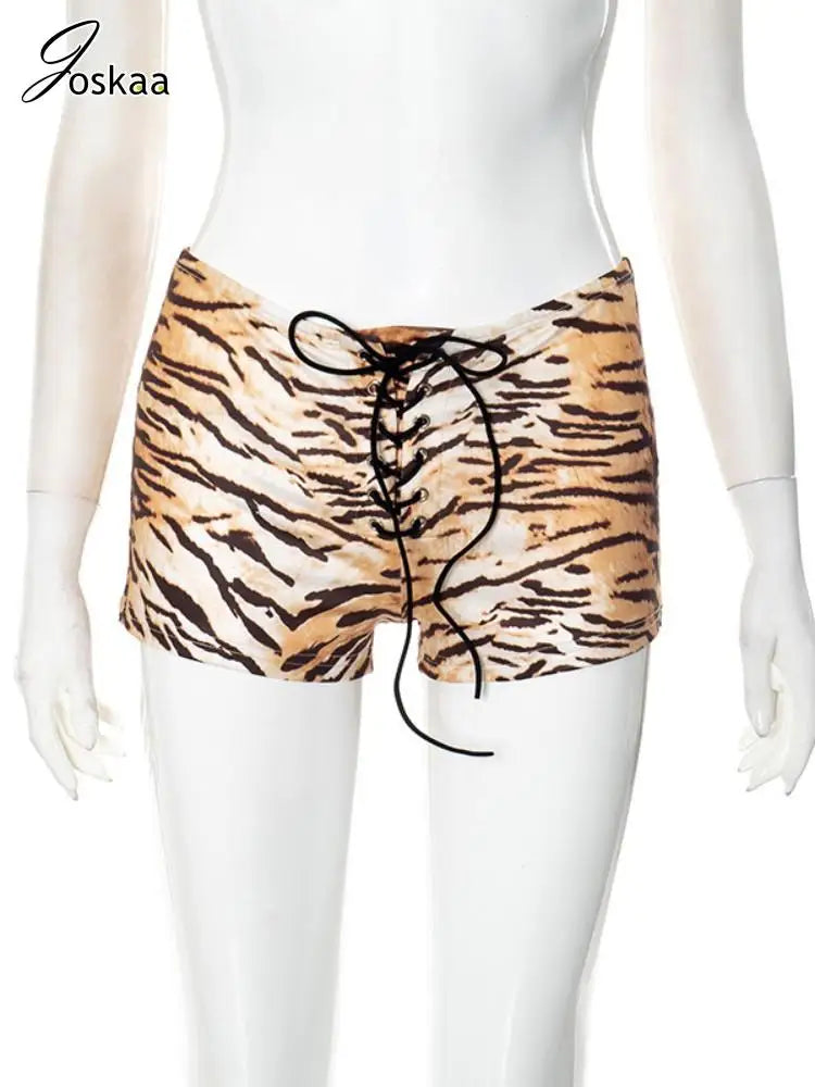 Joskaa Tiger Stripe Print Shorts Women Hipster Sexy Low Rise Bandage Hot Pants 2025 Summer Holiday Party Club Bottoms Streetwear