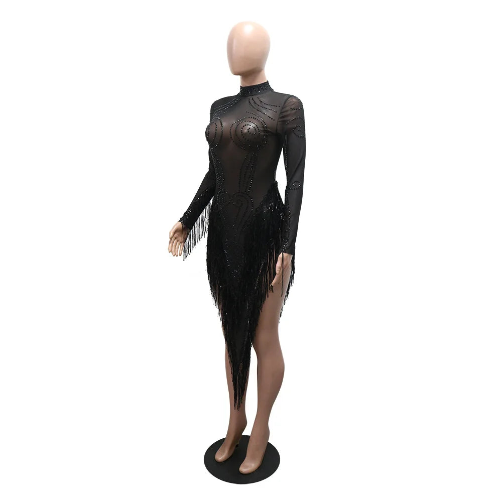 Rhinestone Mesh Tassel Bodycon Mini Dress for Women