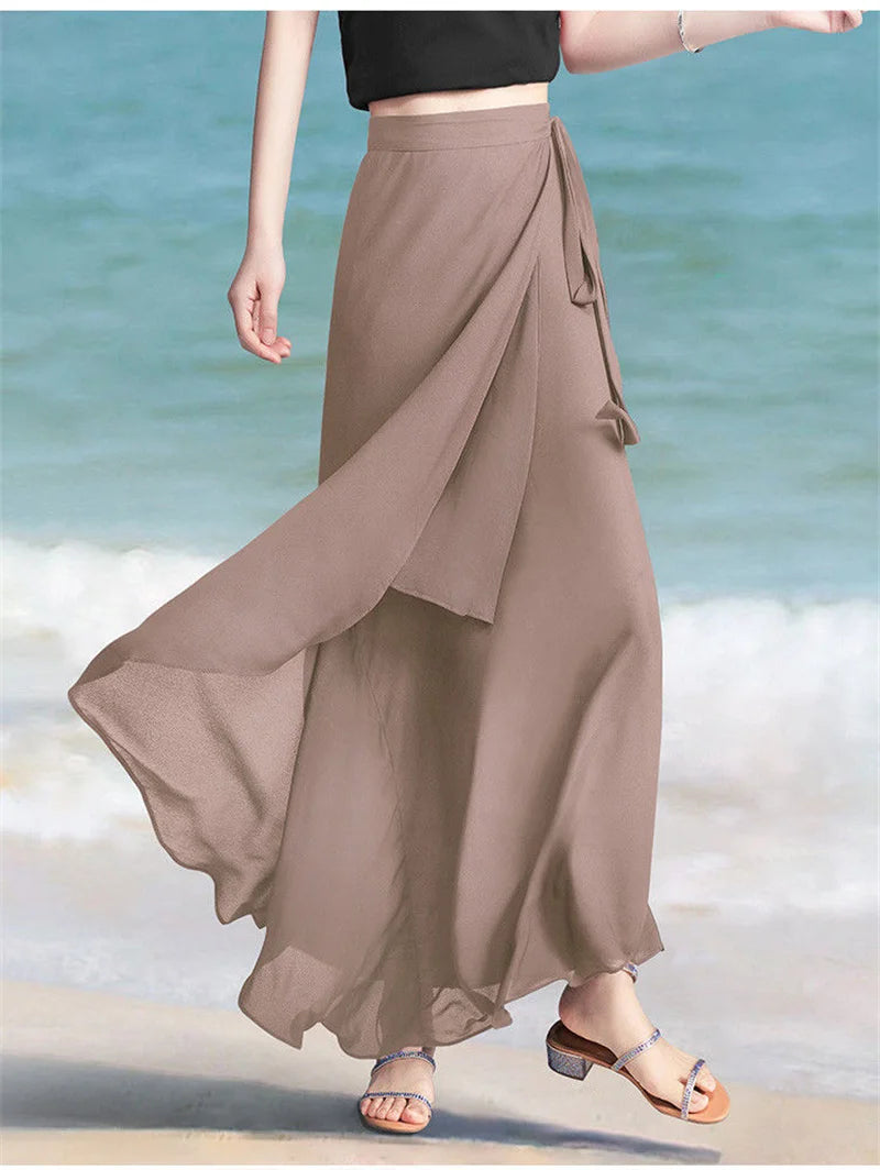 Lace-Up Summer Skirt Holiday style Chiffon Halfskin Skirt Women's 2023 Summer New Thin Dropping Long Wrapped Hip Skirt Khaki Bla