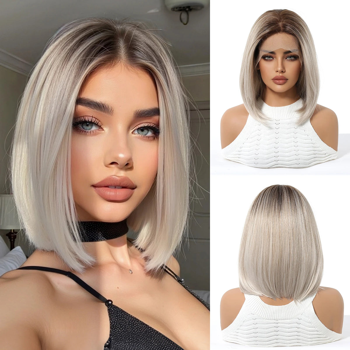 Short Ombre Platinum Blonde Lace Front Wig for Women