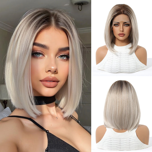 Short Ombre Platinum Blonde Lace Front Wig for Women