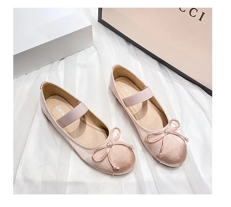 Round Toe Bow Satin Mary Jane Ballet Flats for Women