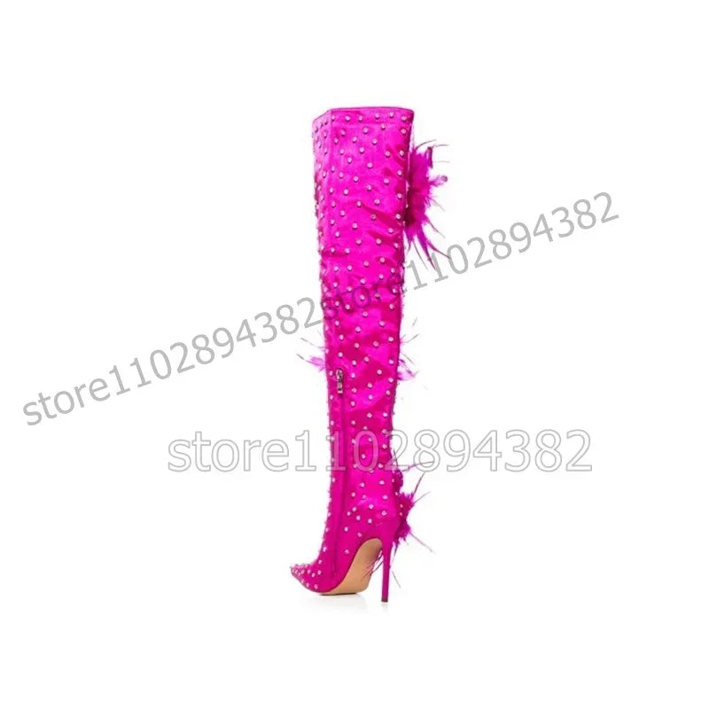 Rose Red Pointy Toe Boots With Thin Heels For Women