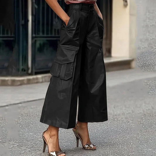 Beautyblue Wide Leg PU Leather Pants for Women Solid Color Vintage Pleated Pockets Split-Joint Loose Elegant Leather Trousers