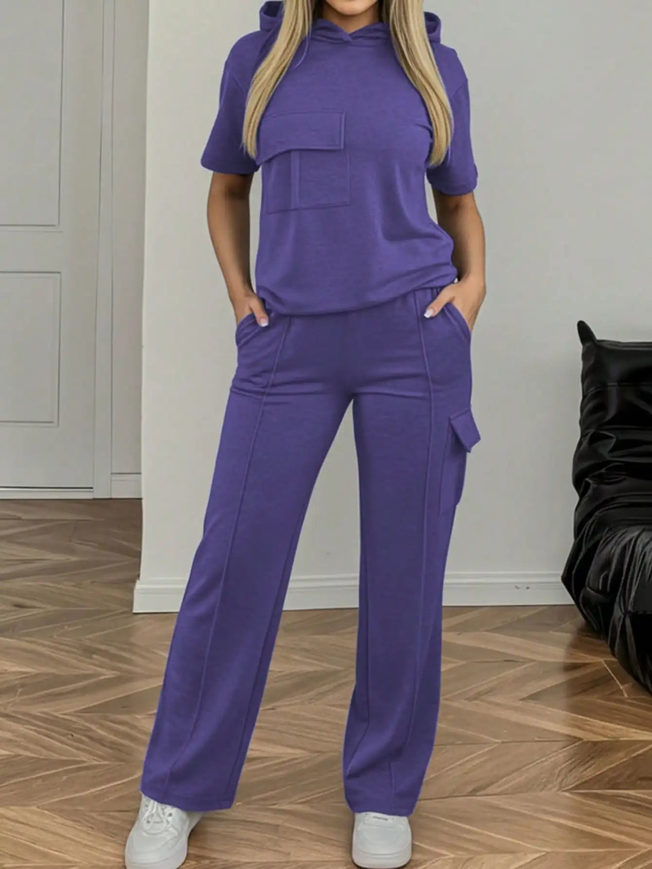 Summer Women's Suit New Style Casual Comfortable Solid Color Hooded Short-Sleeve Top with Versatile Elastic Waist Pocket Straight-Leg Pants Women's Two-Piece Set