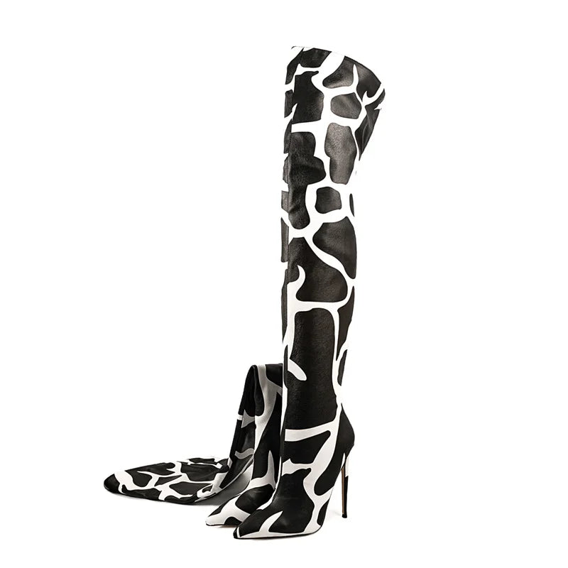 Giraffe Print Pointed Toe Over-The-Knee Boots for Women