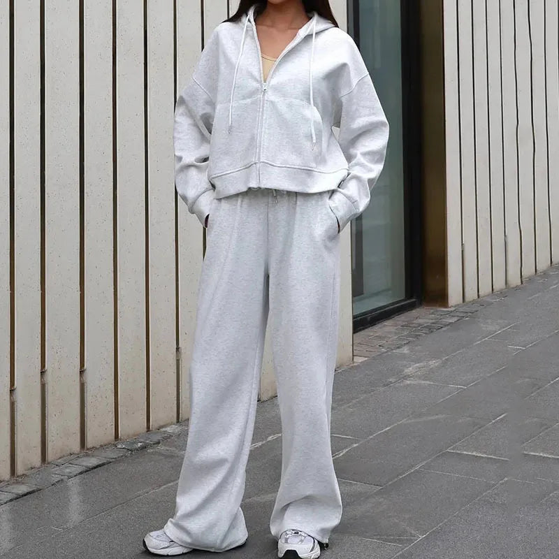 KUCLUT Fashion Sports Suit Long Sleeve Zipper Cardigan Hooded Sweatshirt Drawstring Elastic Trousers Two-piece Set Female 1A717