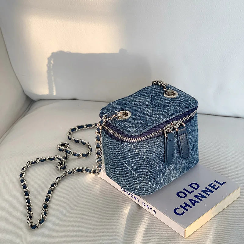 Mini Denim Crossbody Bag with Chain Strap for Women