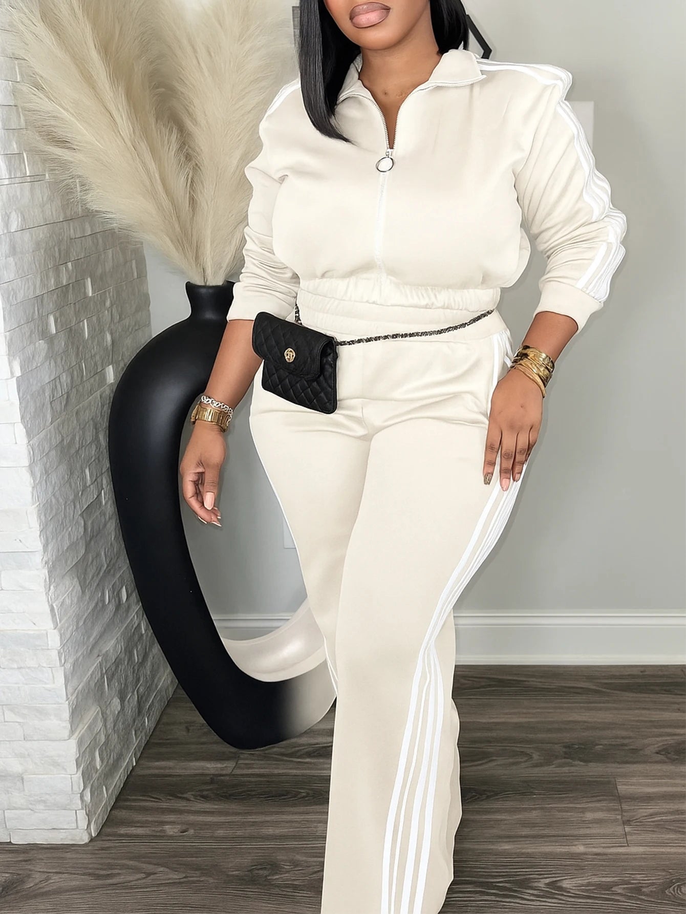 Women’s 2 Piece Tracksuit Set Zip-Up Top + High Waist Pants Side Stripe Casual Outfit