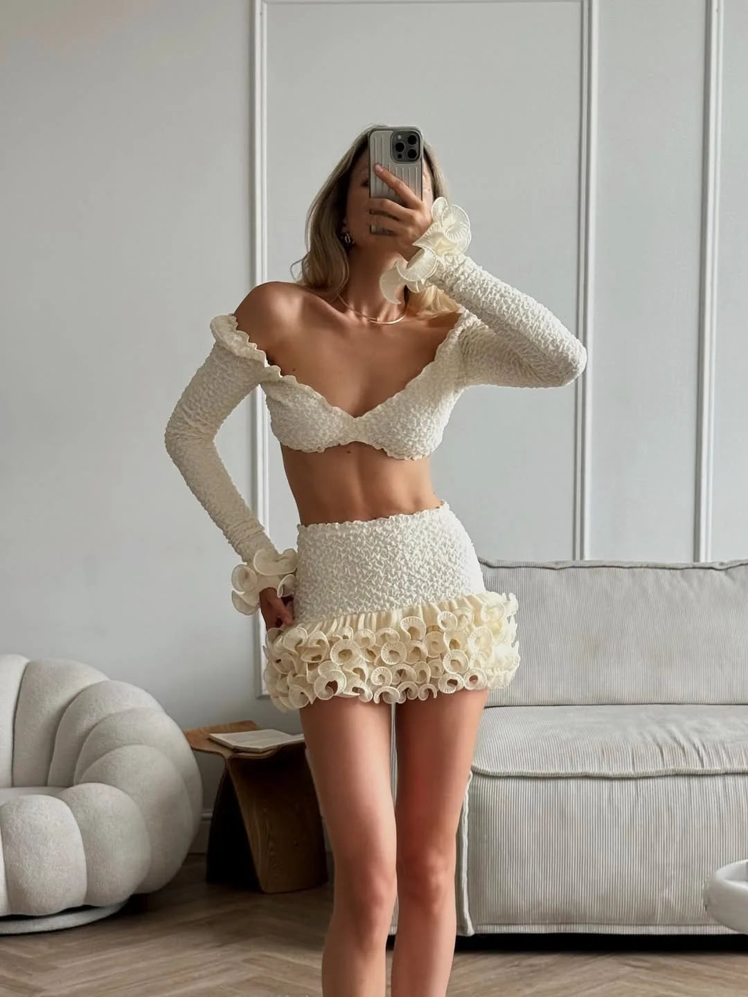 Cream Textured Vacation Off-Shoulder Two-Piece Set for Women