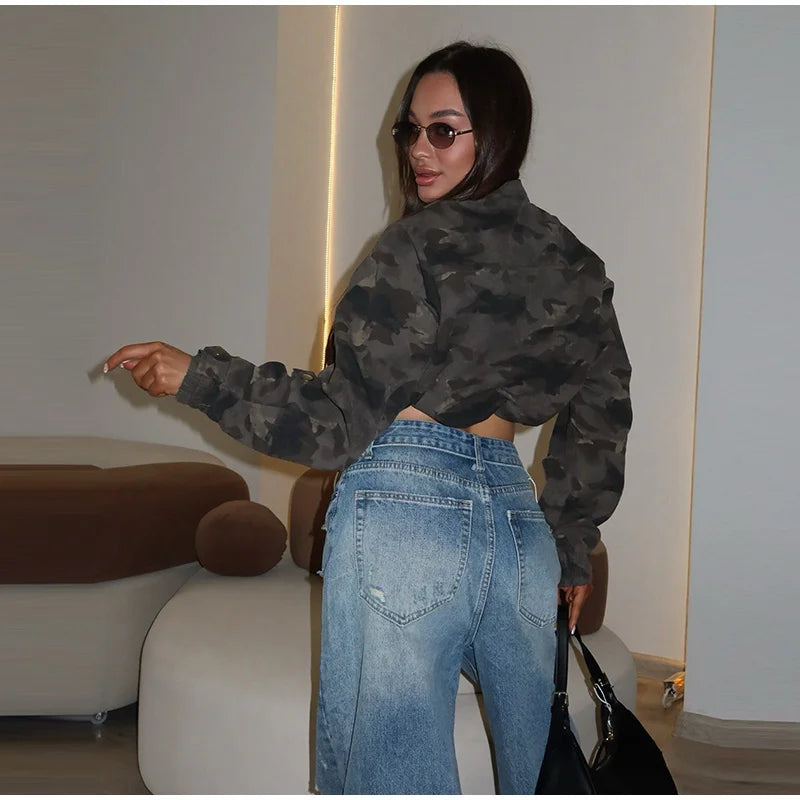 Y2K Camouflage Cropped Zip Jacket With Stand Collar for Women