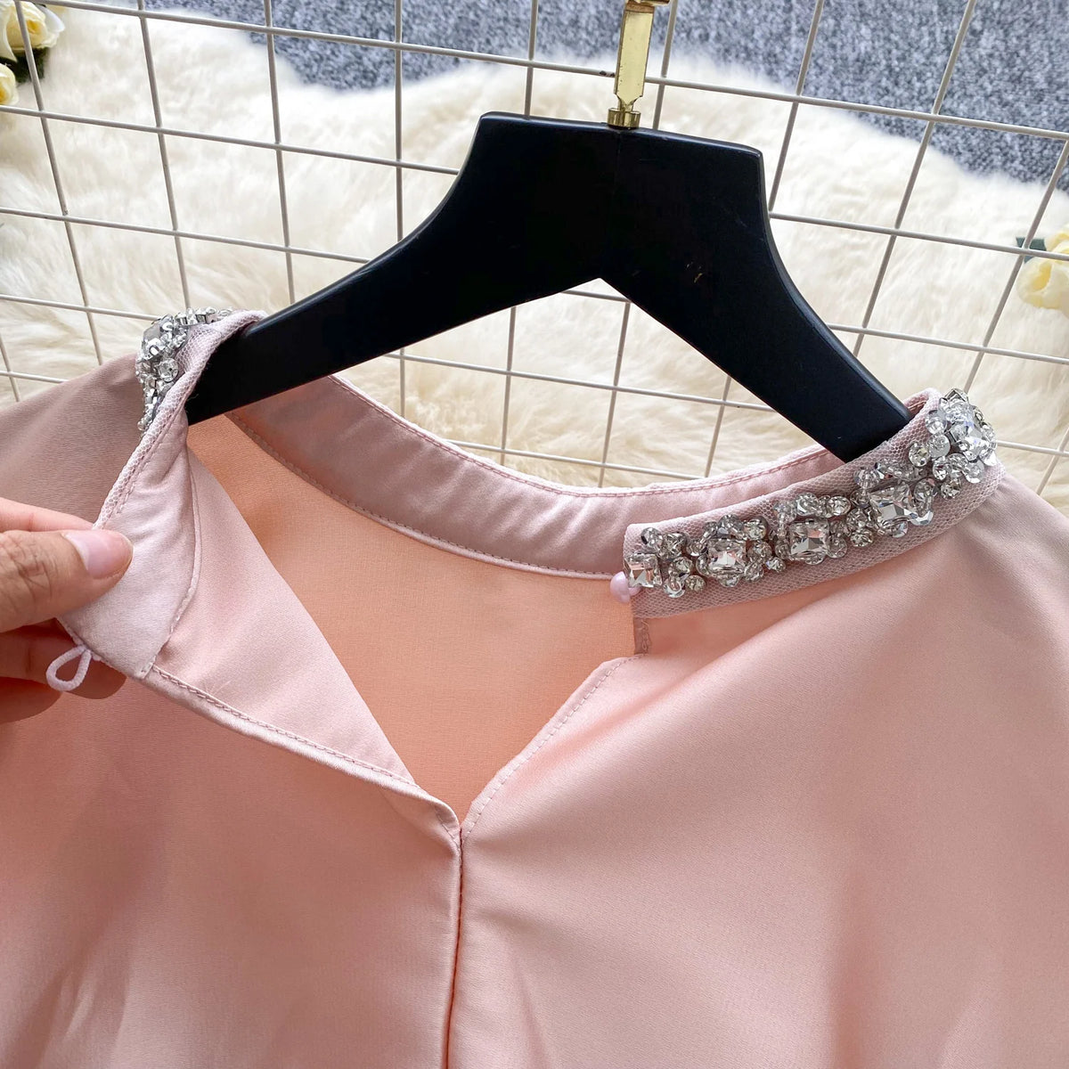 Elegant Beaded Satin Batwing Sleeve Blouse for Women