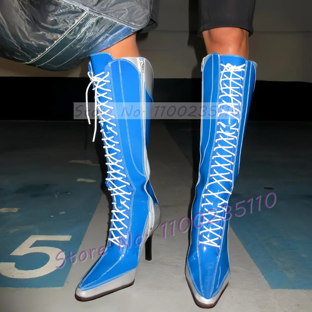 Blue Patent Leather Pointy Toe Knee High Boots for Women