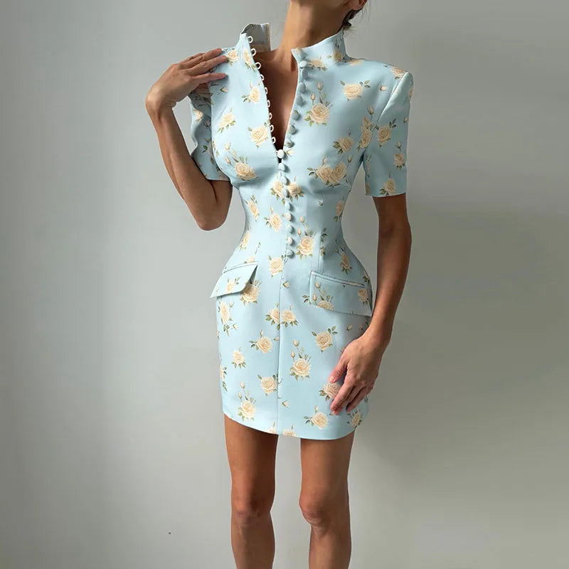 Elegant Printed Short Sleeve Stand Collar Dress for Women