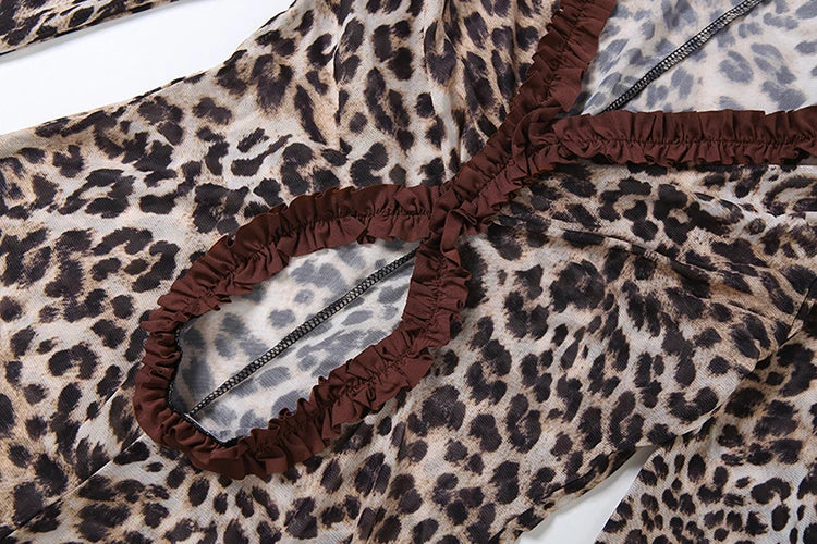 Leopard Print Sheer Ruffle Sleeve Romper for Women
