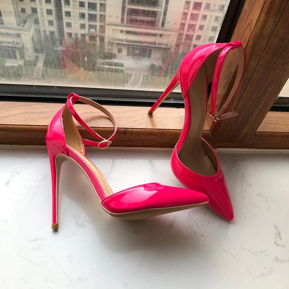 Rose Pink Patent Pointed Toe Ankle Strap Pumps for Women