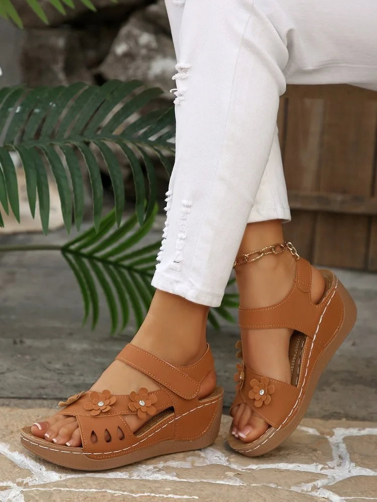 Modern Floral Buckle Wedge Sandals