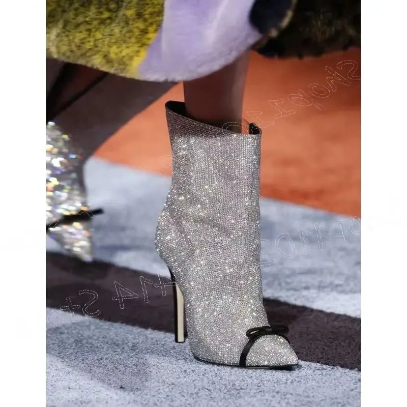 Silver Rhinestone Bow Knot Pointed Toe High Heel Boots For Women
